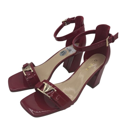 Guess Size 9.5 Womens Deep Red Patent Leather Block Square Toe Heel Sandals - Picture 5 of 10